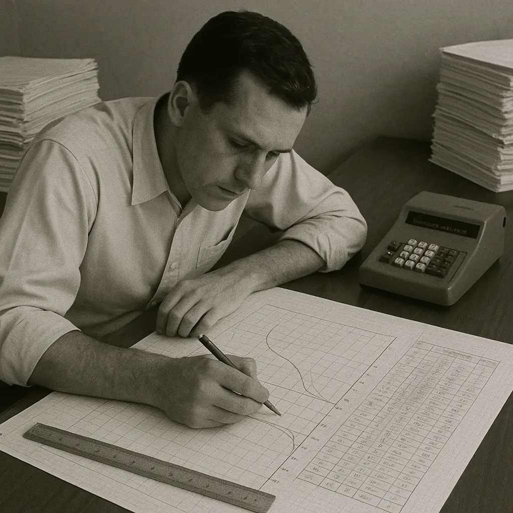 Biostatistician at work with serum therapy trial data, 1970s. Kaplan-Meier survival analysis methods on graph paper.