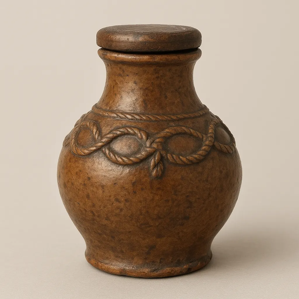 Seventeenth-century earthenware pepper container, glazed ceramic with wooden lid, used for household storage of dried pepper berries.
