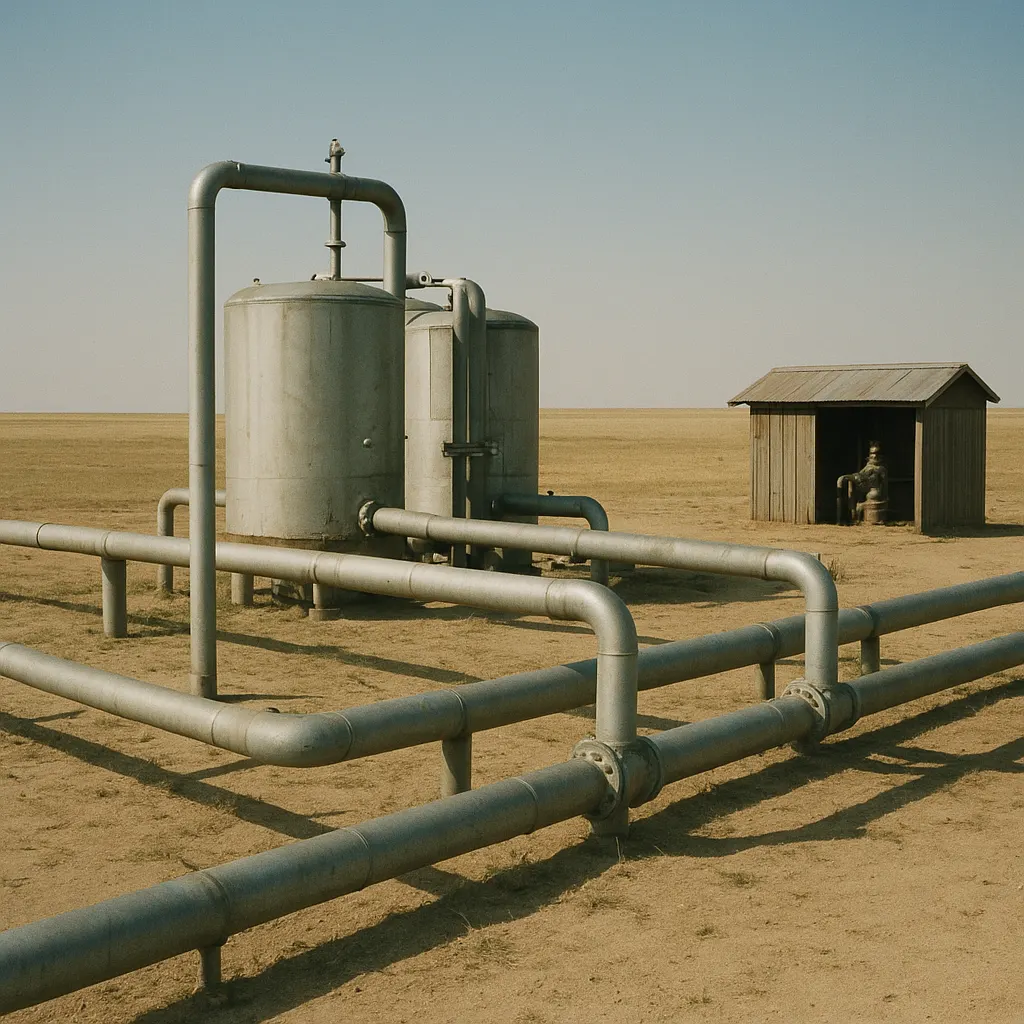 Pipeline junction and storage facility in arid steppe, tanks and welded metal infrastructure visible, late 1990s.