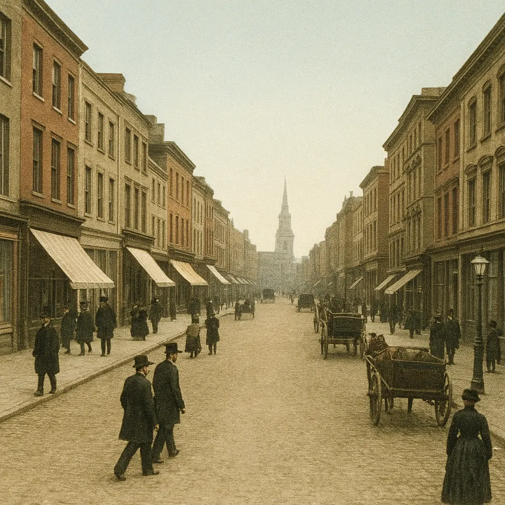 A commercial street in a mid-nineteenth-century Atlantic port city, showing merchant quarters and retail establishments of the period.