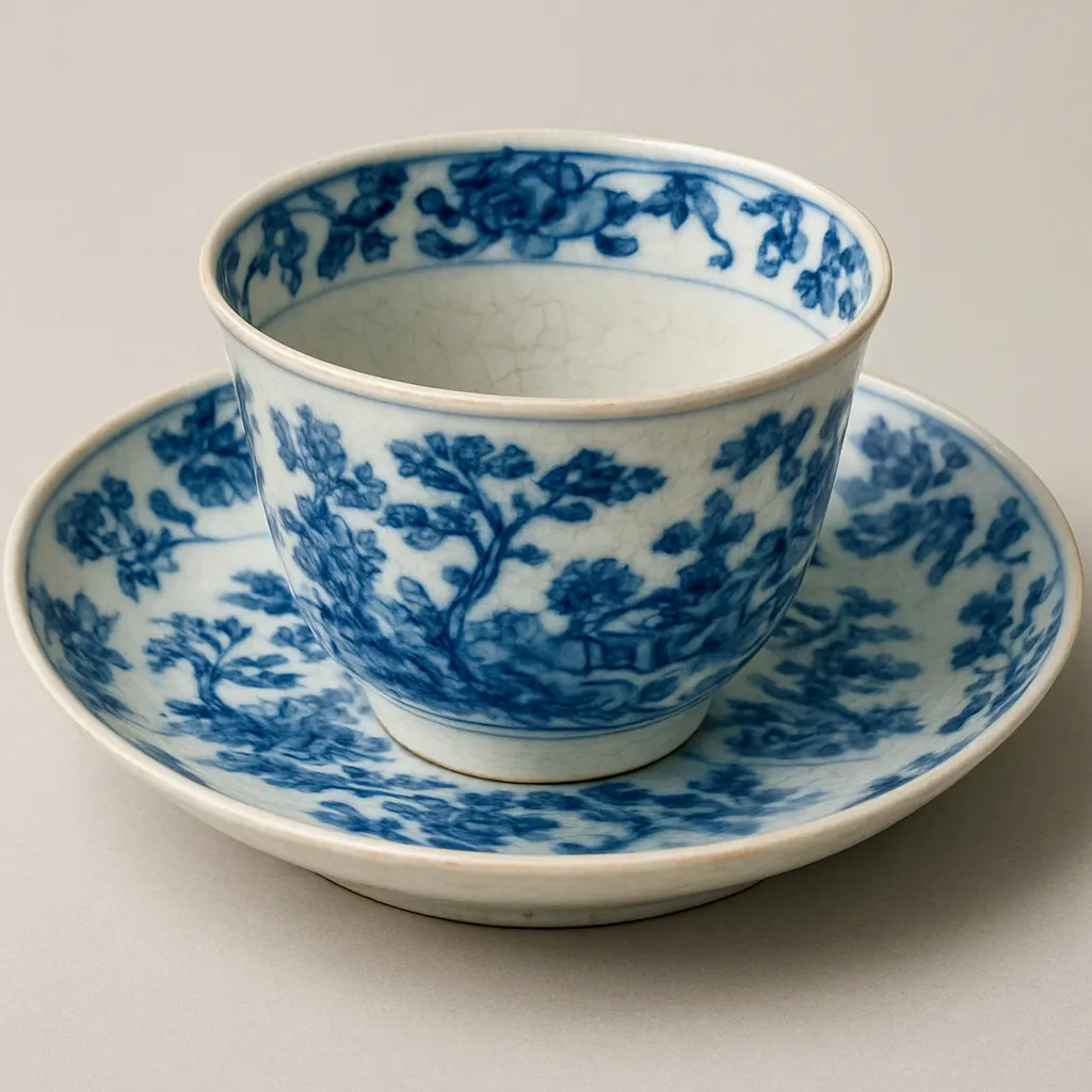 A porcelain teacup and matching saucer with blue underglaze decoration, eighteenth century.