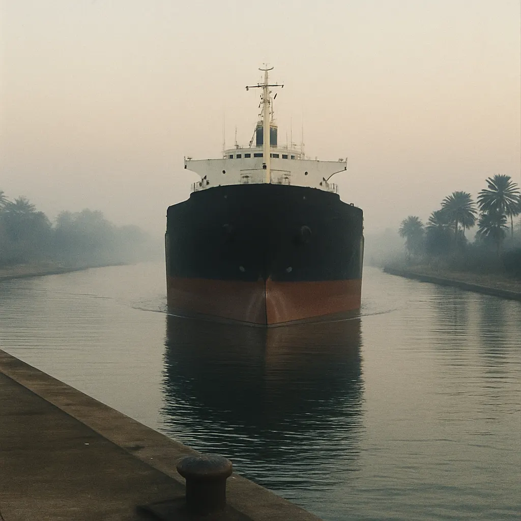 A cargo ship transiting the Suez Canal through Port Said, 1980s. The narrow passage and required pilot assistance shaped the city's economy and technical expertise.