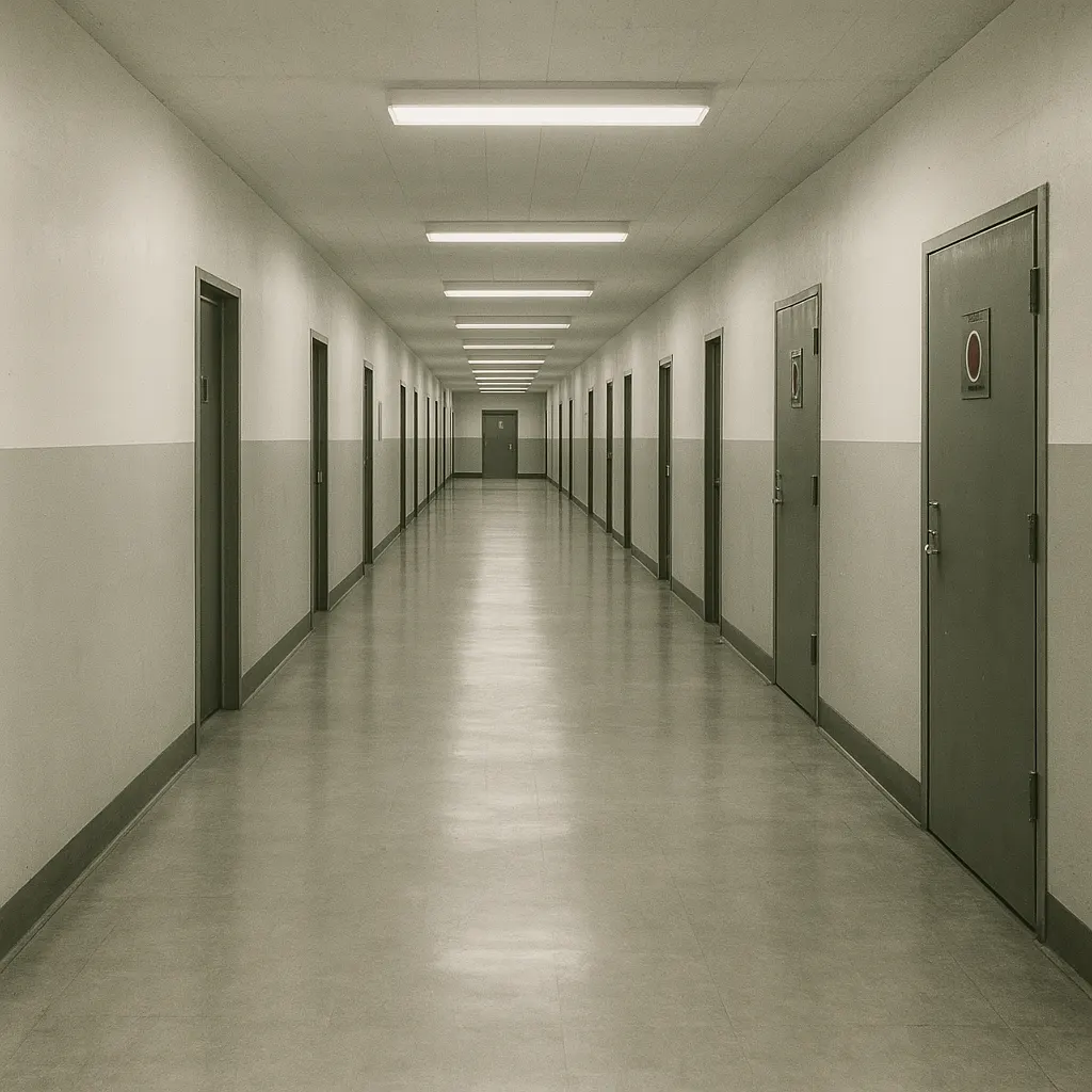 An interior corridor of a large research building with institutional green paint on lower walls, wide hallway with steel-frame doors marked with red crosses and warning notices, fluorescent ceiling fixtures.