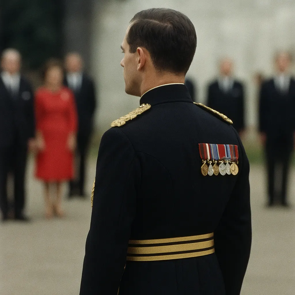 A senior royal in formal dress at a state engagement, viewed from the shoulders backward, attending to proceedings.