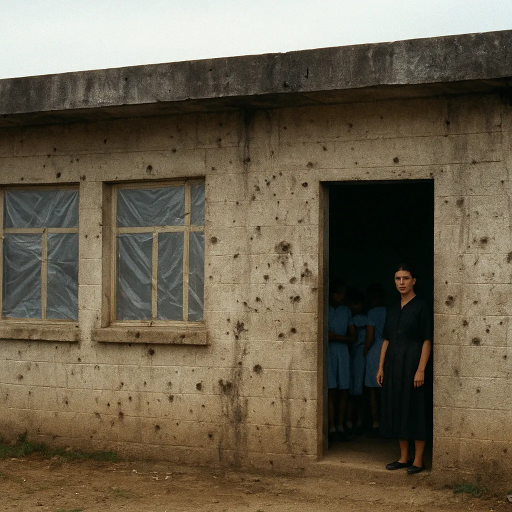 A school building undergoing repair in a provincial town, with students returning to interrupted instruction, 1997.