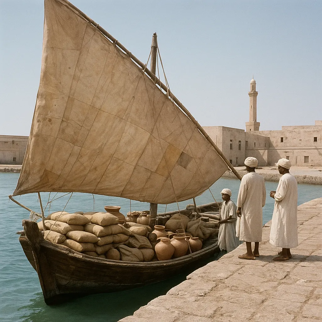 A merchant vessel being loaded with trade goods at a Red Sea port, twentieth century.