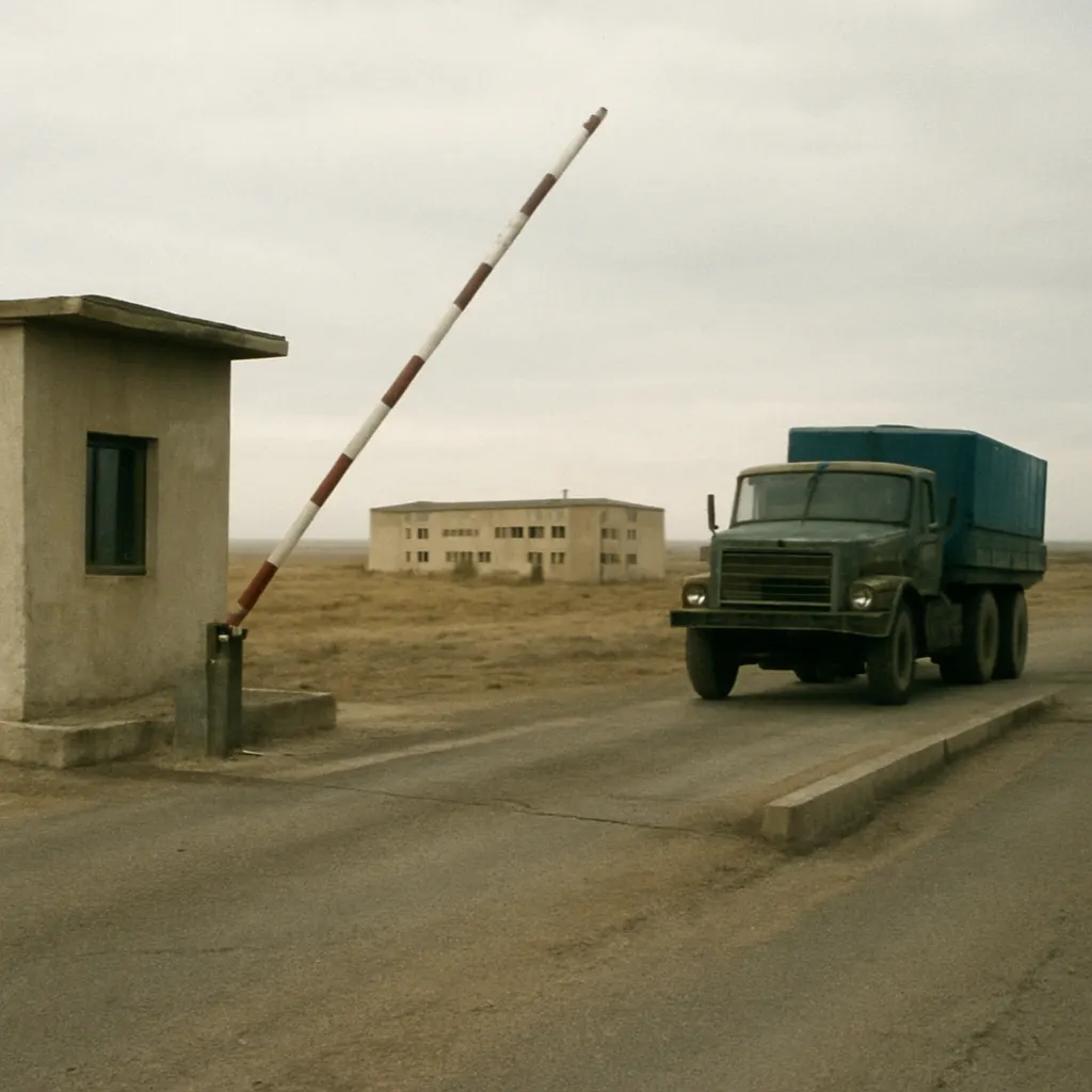 Border control point between two Union republics, early 1990s, showing the physical infrastructure of internal transit regulation that had become routine by mid-decade.