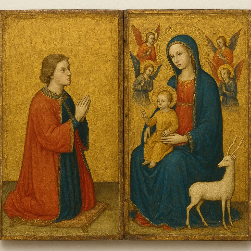A young nobleman kneeling in prayer before enthroned figures, tempera and gold on panel, late fourteenth century.