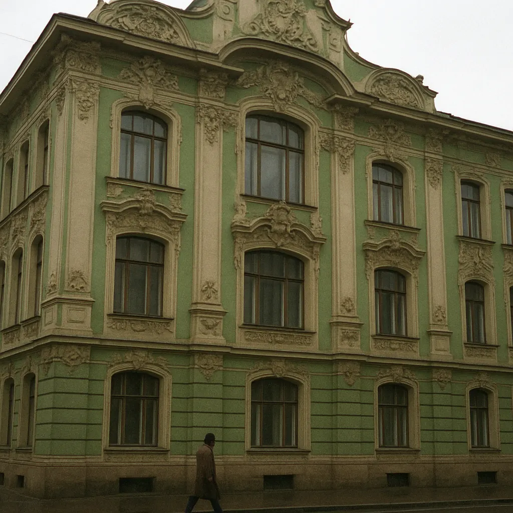 Art Nouveau building in Riga's Old Town, late 1990s. Colour film, handheld camera, 1997.