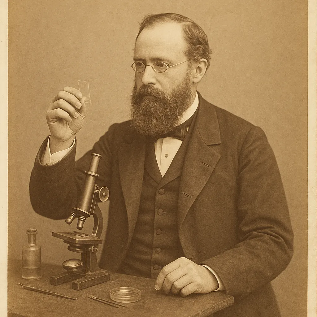 Portrait of a bacteriologist at laboratory instruments, hand-tinted albumen print, late nineteenth century