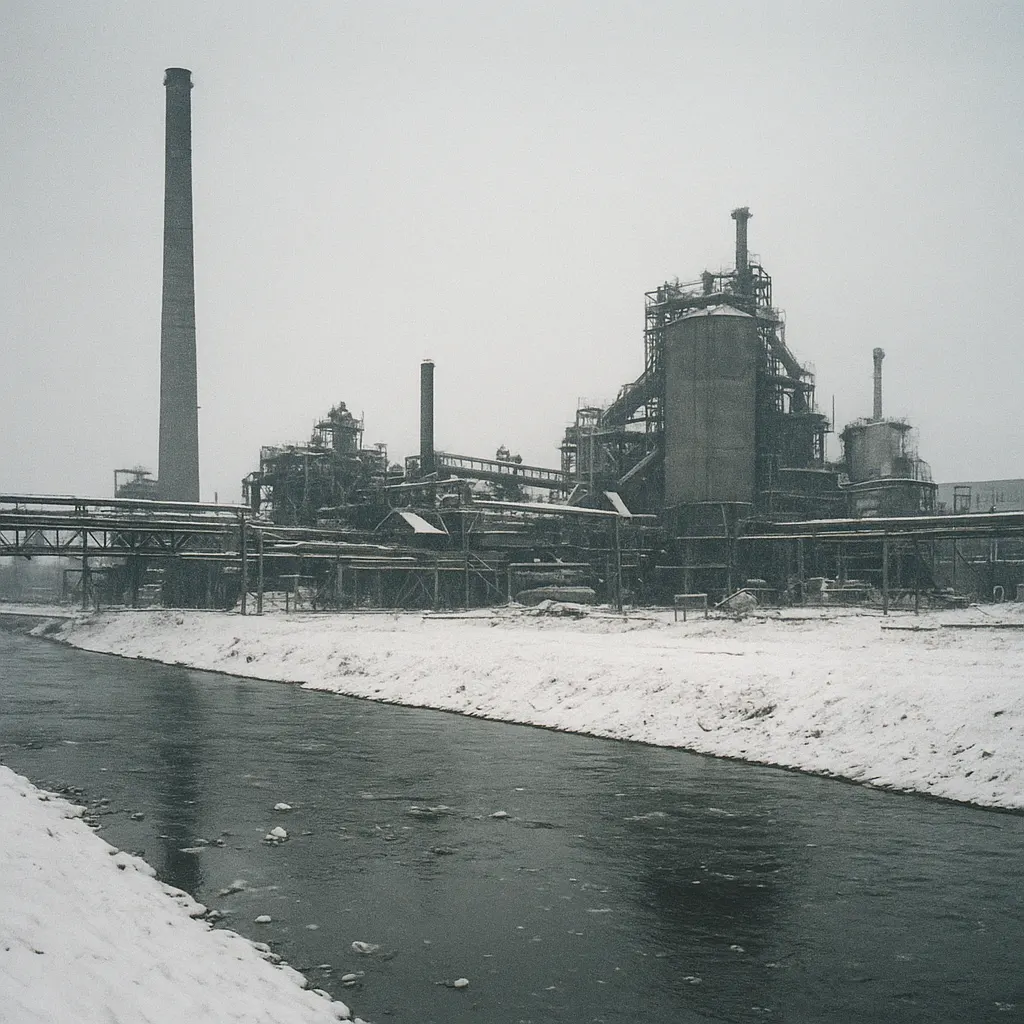 An idle manufacturing plant in the Urals, 1997, during the economic collapse that followed price liberalization and the collapse of Soviet-era supply chains.