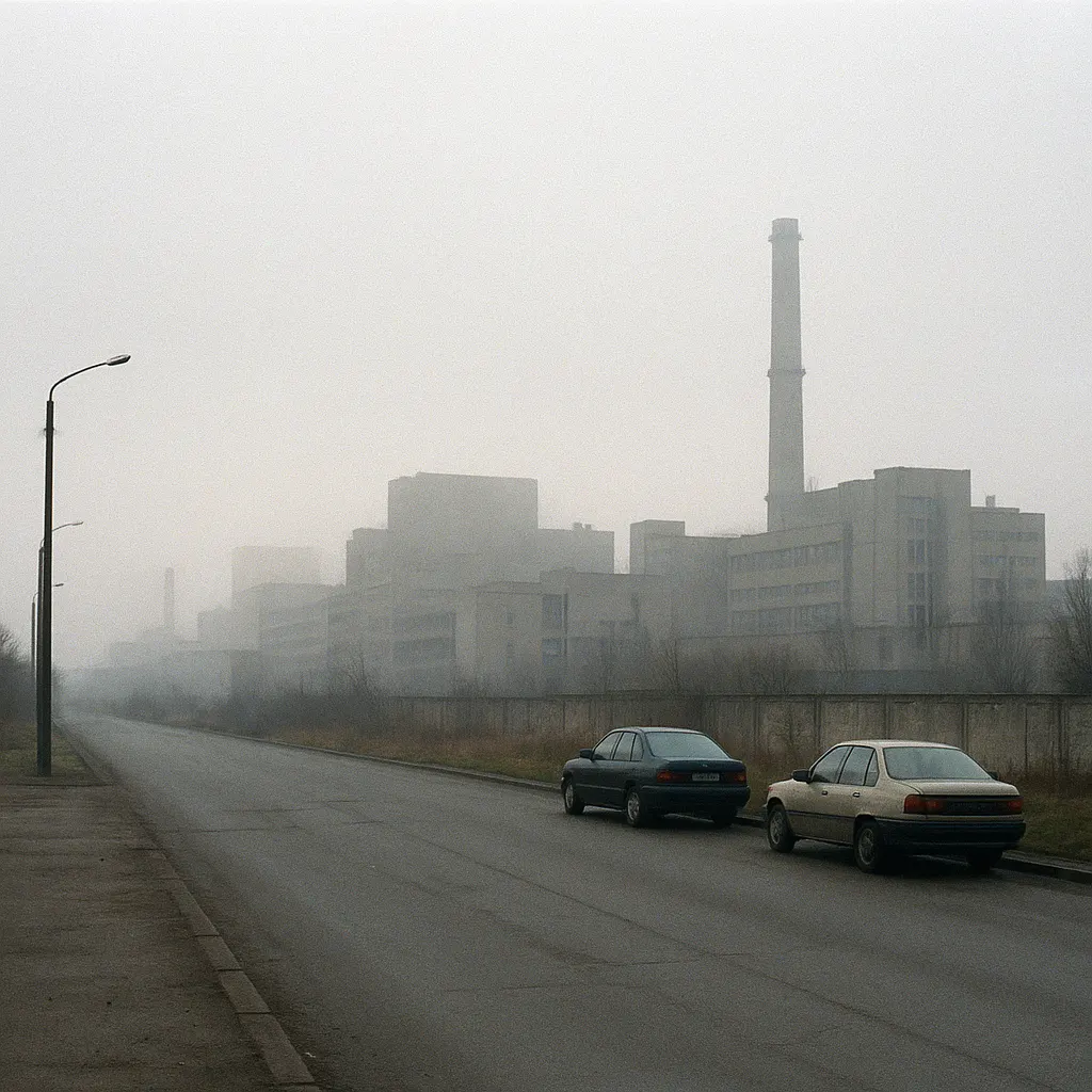 Industrial district in a post-Soviet city, 1994. Colour photograph.