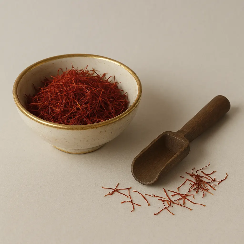 Dried saffron threads in ceramic bowl with measuring implement, seventeenth-century merchant trade sample.
