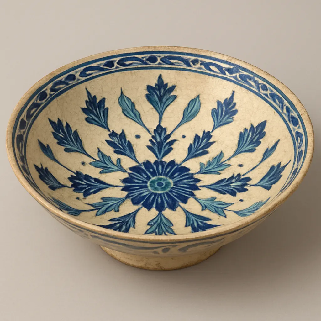 Ceramic salonita with blue and turquoise painted decoration, Ottoman, eighteenth century. Diameter twelve inches.