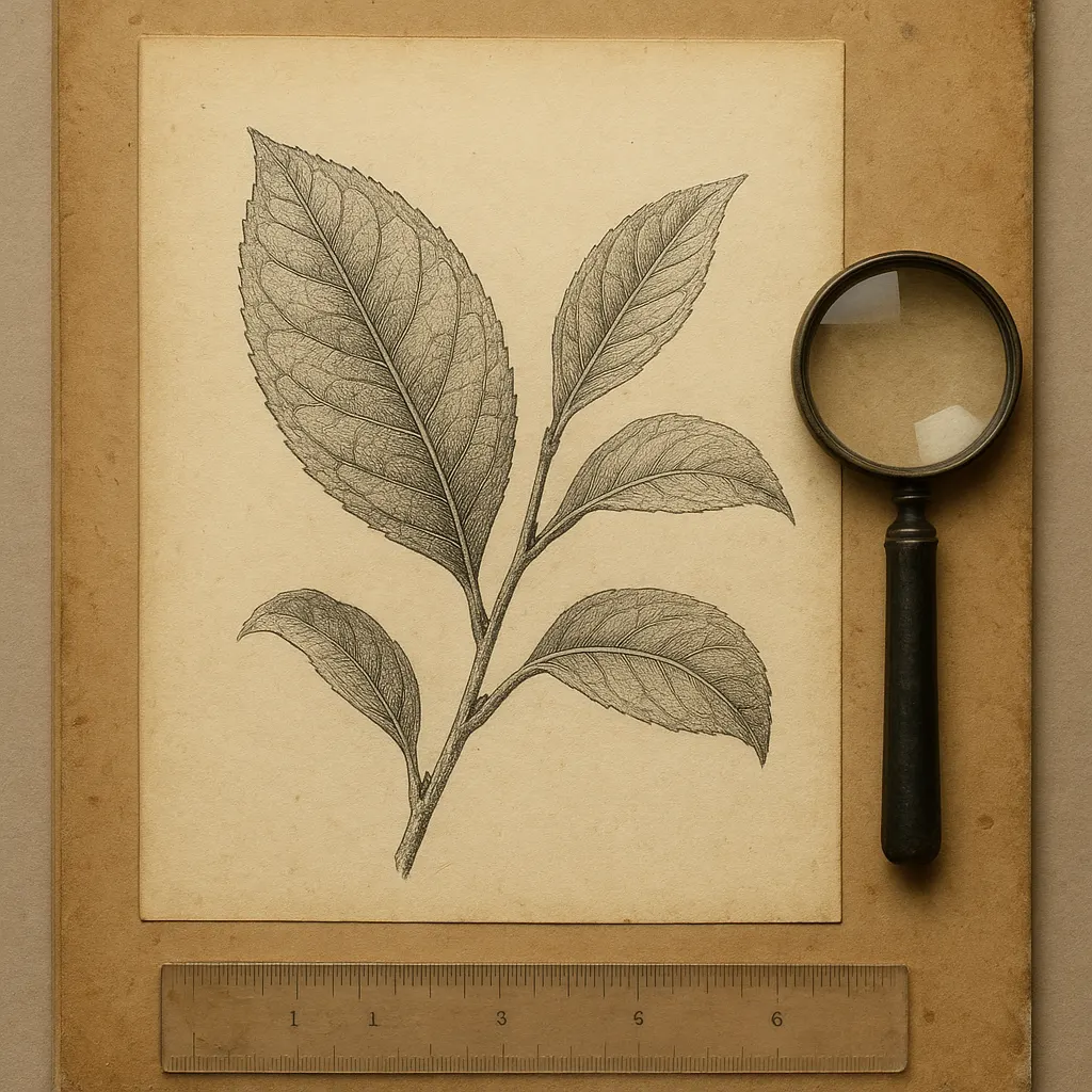 Botanical study of tea leaf and stem, ink on paper, with annotations and scale. 1670s.