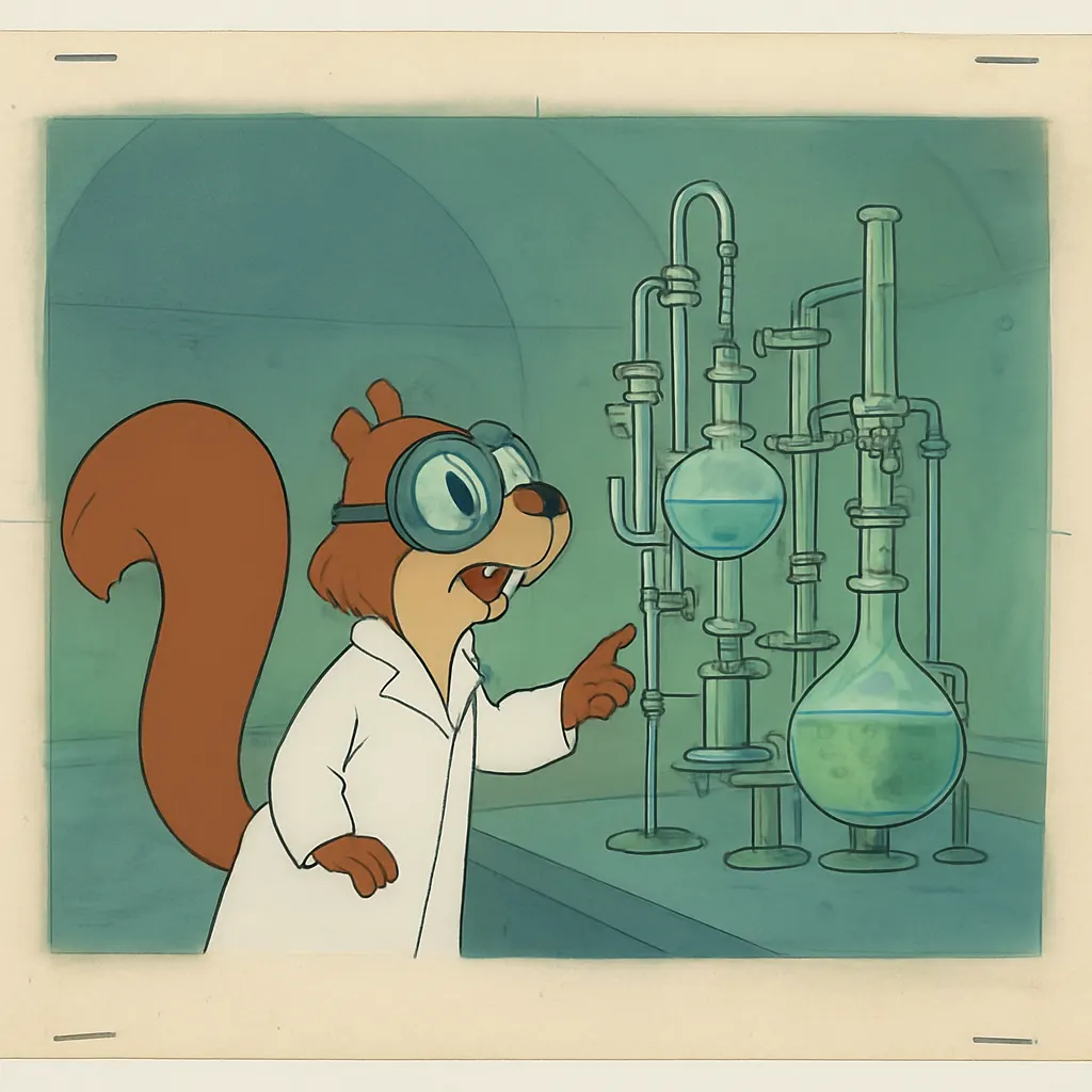 A marine scientist character in her underwater laboratory, demonstrating an experiment, animated television series, approximately 2005.
