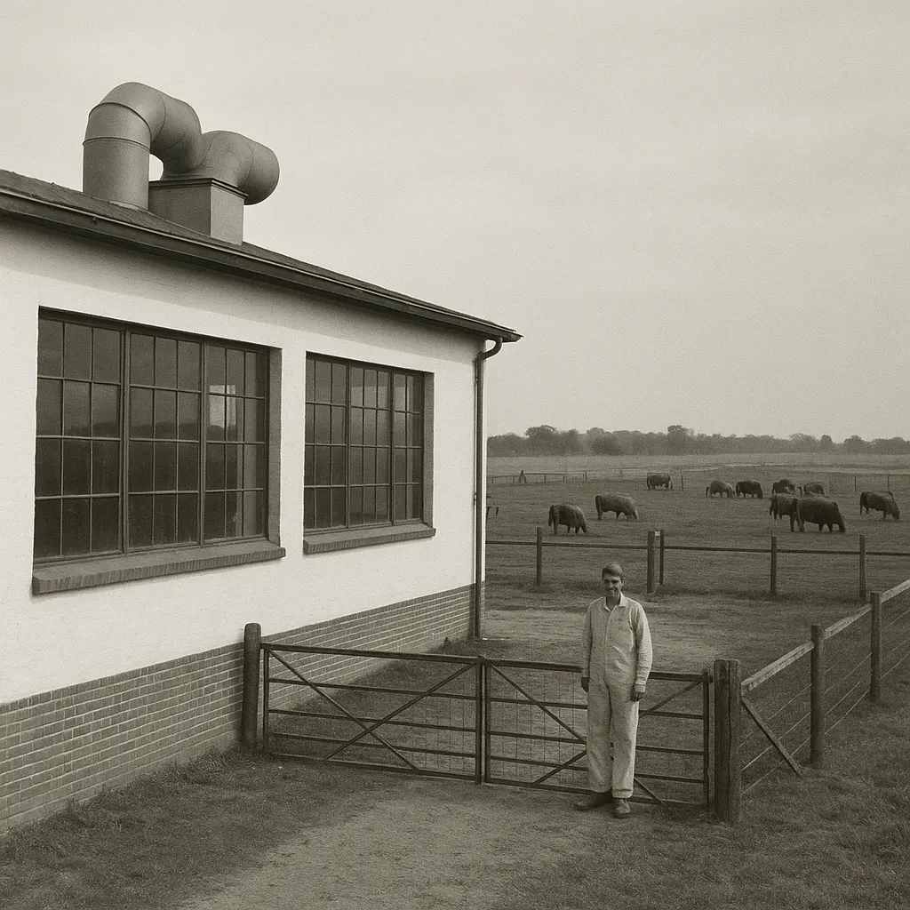 Hyperimmunized animal facility exterior, showing segregation fencing and ventilation infrastructure, circa 1962.