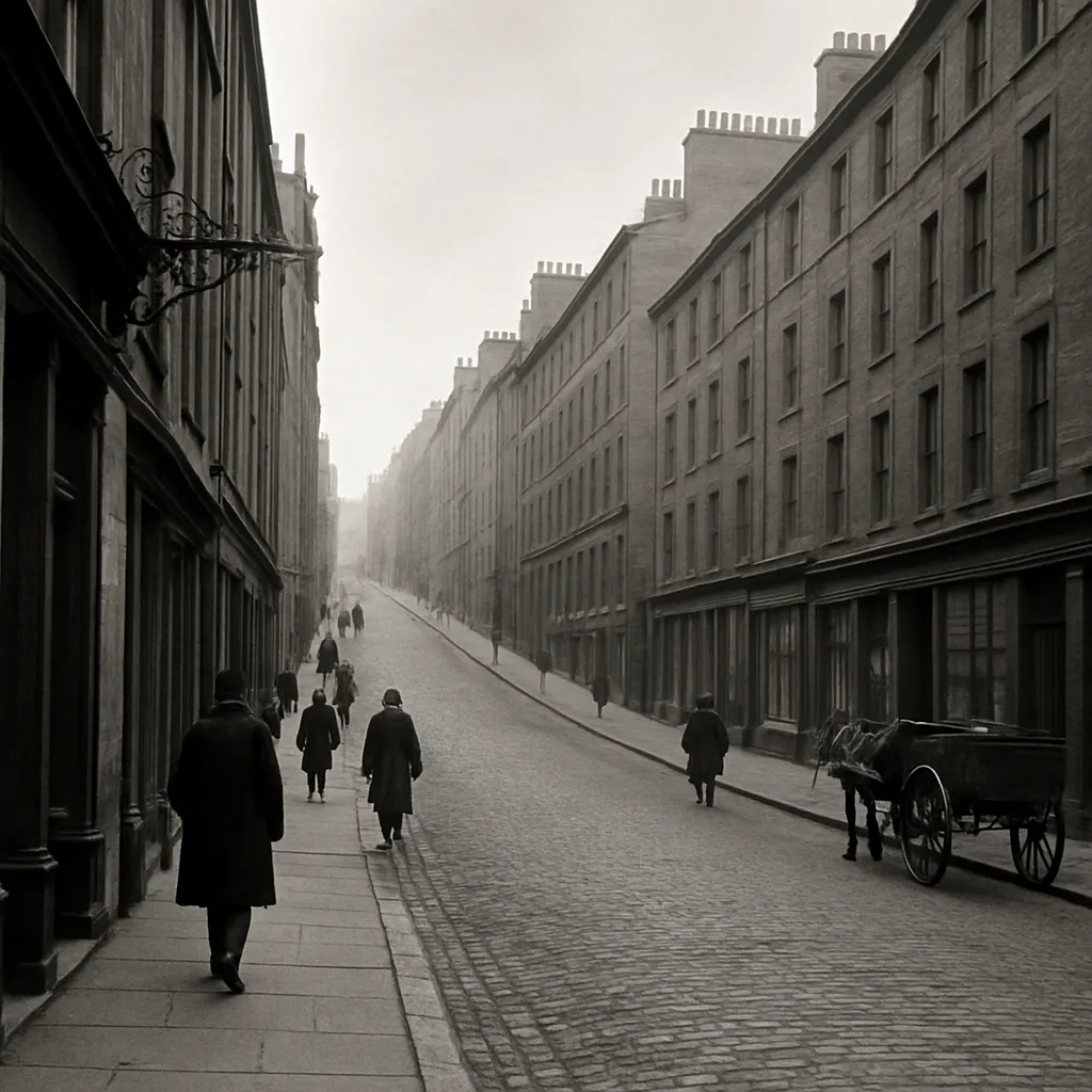A Scottish merchant quarter street, early twentieth century. Stone construction, ground-floor commercial premises, residential stories above.