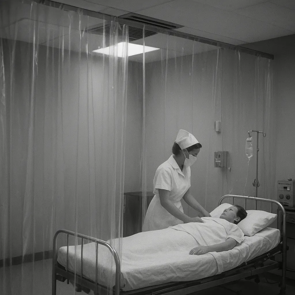 Isolation chamber in a clean ward, mid-twentieth century. Photograph.