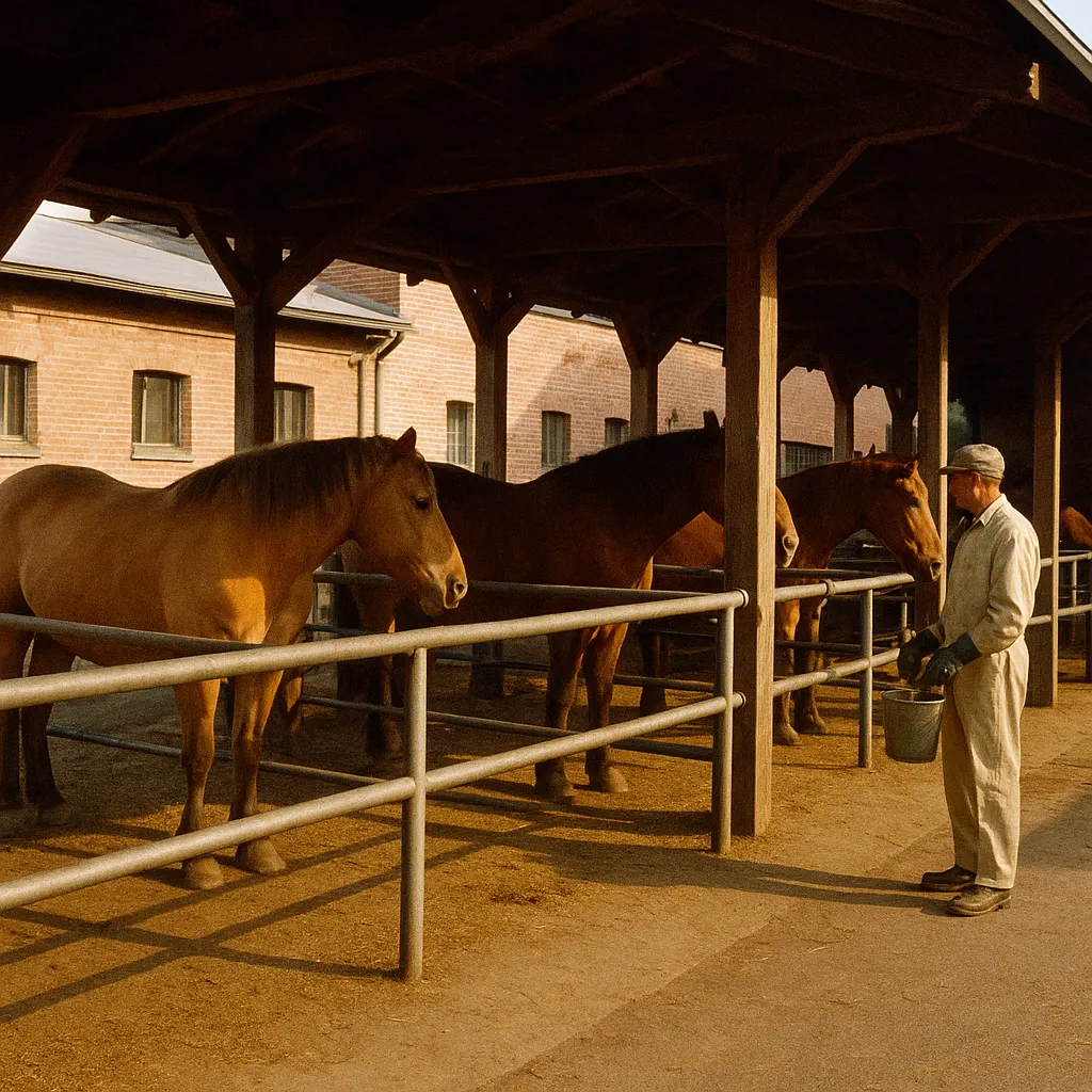 A serum farm stable housing hyperimmunized horses, with collection apparatus, northern Europe, circa 1970.