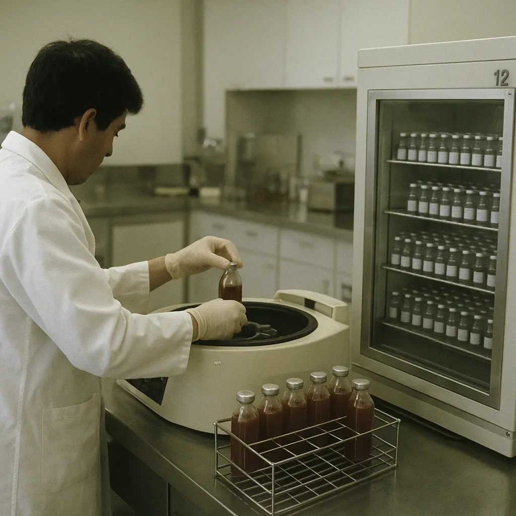 Serum production laboratory, fractioning step, 1980s. Extraction of high-titre antisera from hyperimmunized animal blood.