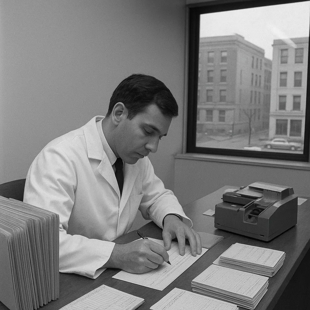 A technician recording serum therapy patient outcomes into a card punch system at a hospital administration office, 1979.