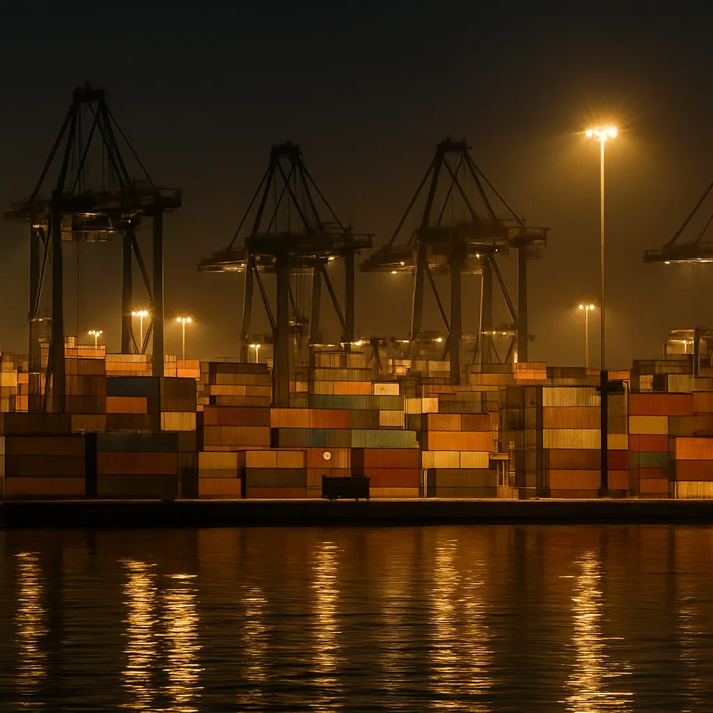Container terminal at a major port city, showing night-time cargo handling operations, 2012.