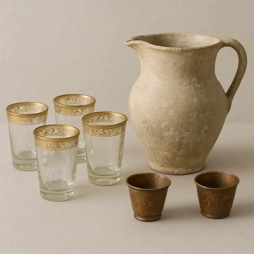 Glass and ceramic sherbet service vessels, Ottoman, early 18th century, showing typical glazing and form of period.