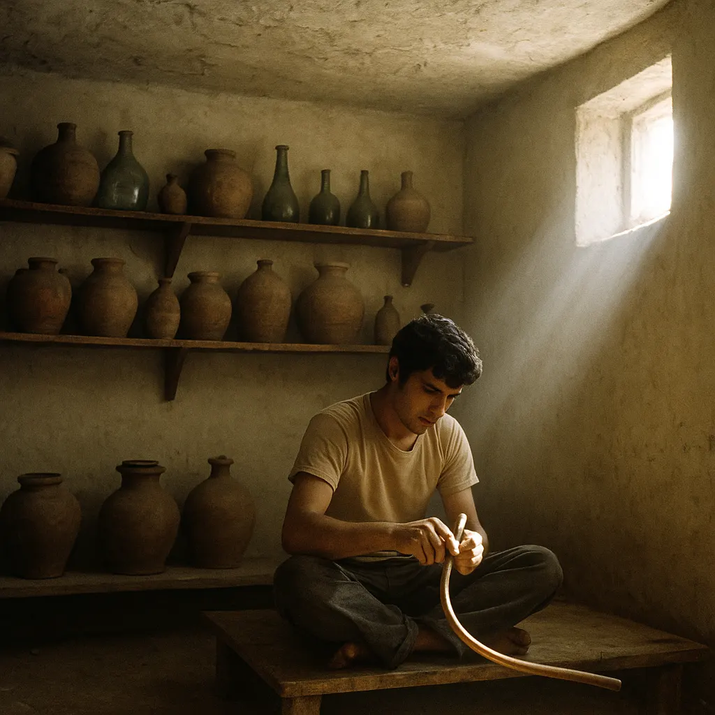 Interior of a traditional sherbethane, showing preparation area and seating, mid-twentieth century. Ceramic and glass vessels visible on shelves behind.