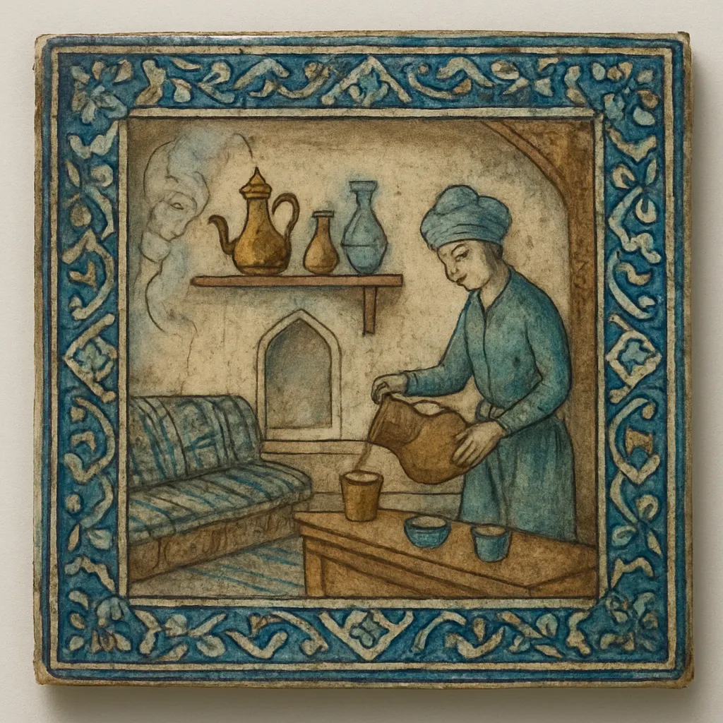 Interior of a sherbet house with server and patrons, ceramic tile, Turkey, seventeenth century.