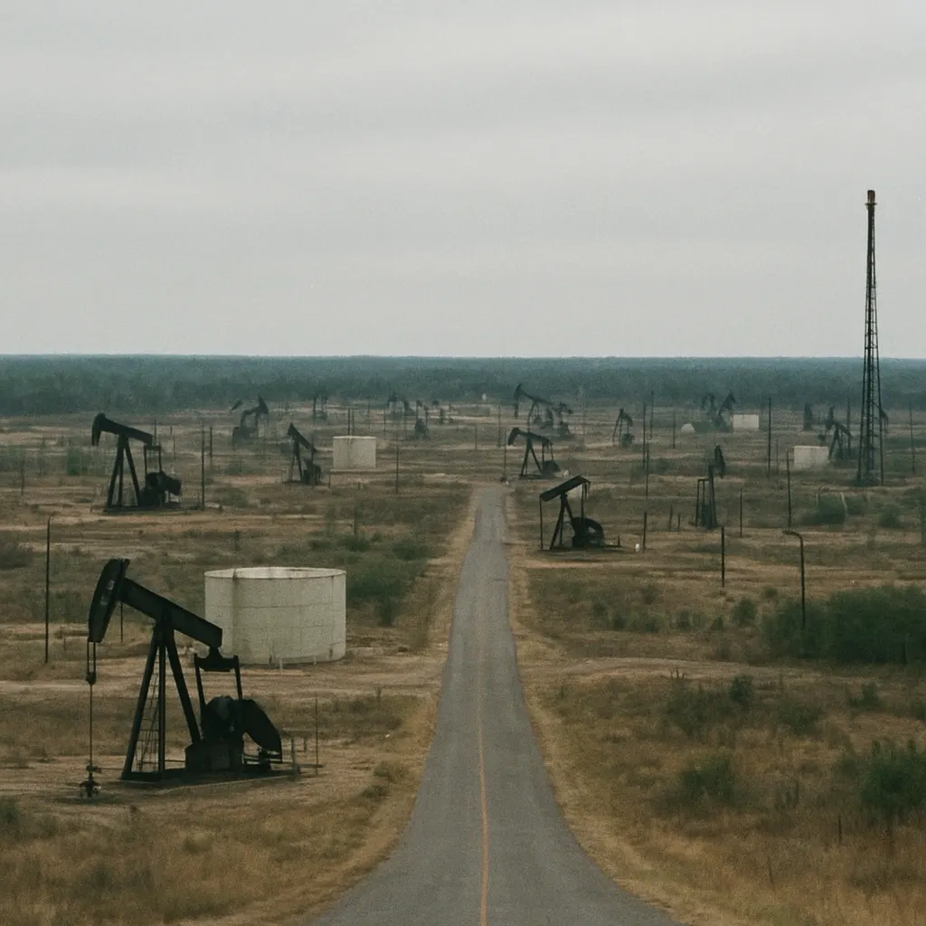 Oil installation in southwestern Siberia, 1995. Steel pipework and storage infrastructure across steppe forest.