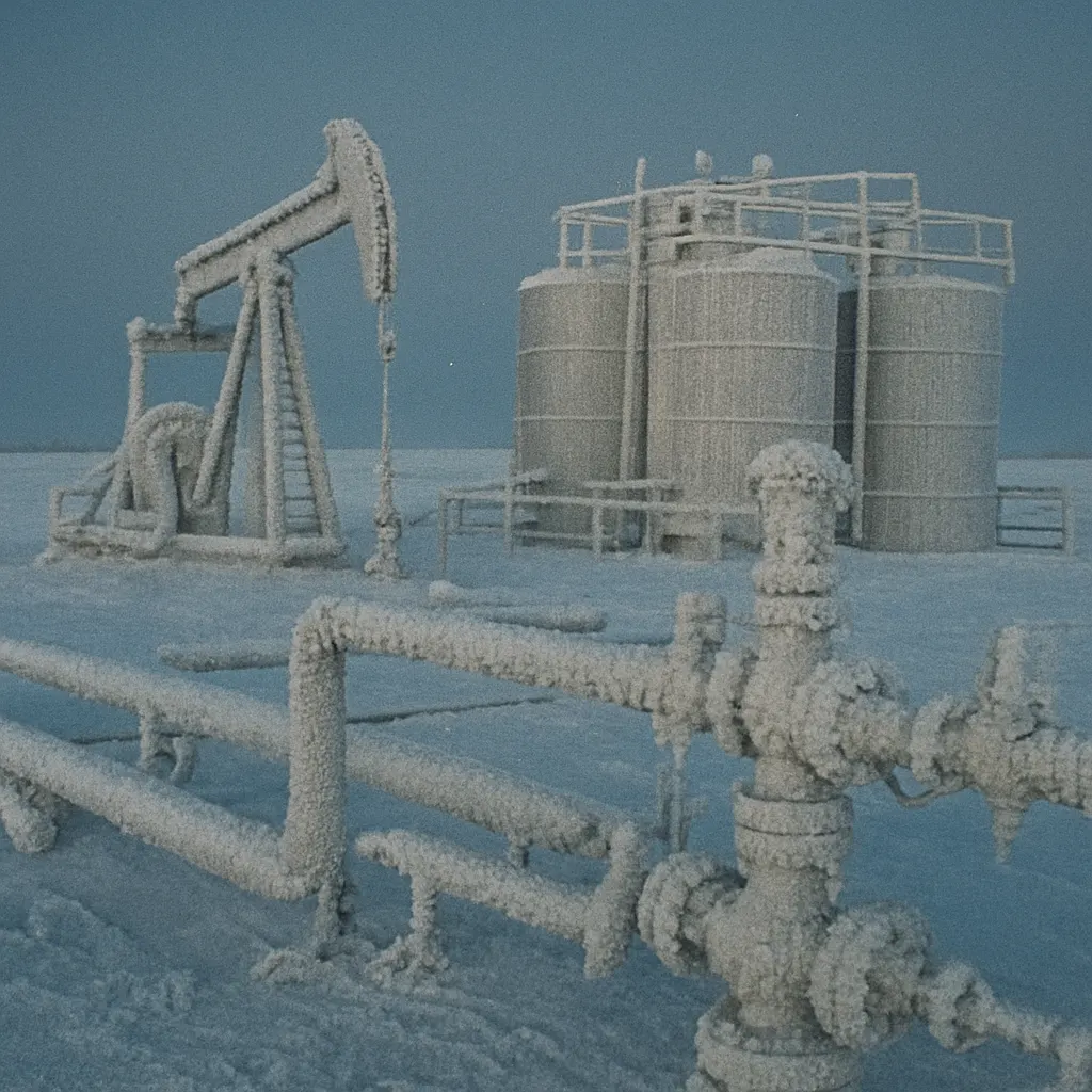 Oil infrastructure in severe winter conditions, photographed during a Siberian High surge, Tyumen region, late 1980s.