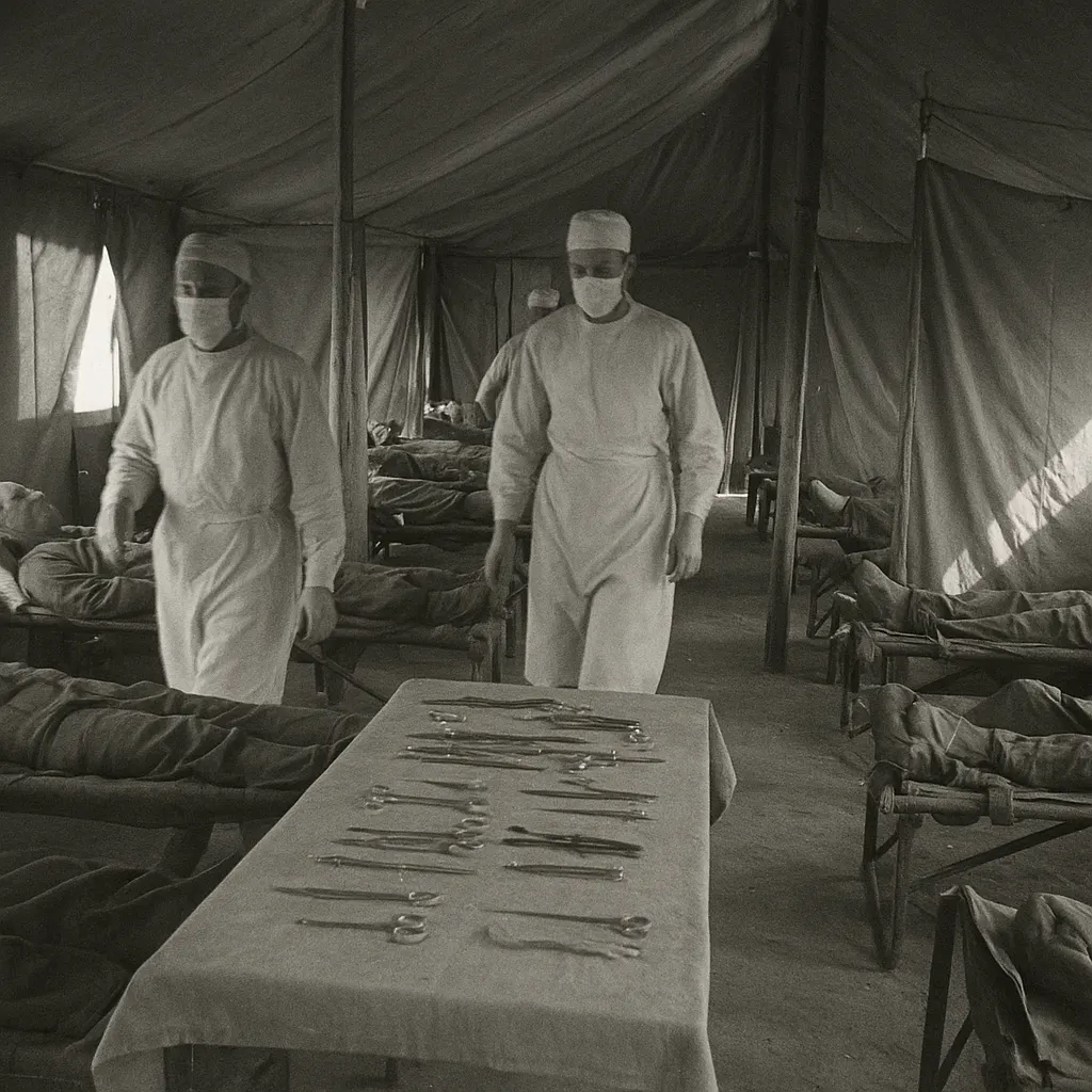 Field surgical hospital ward, Sicily campaign, July 1943. Canvas tent surgery with asepsis maximalism protocols in place.