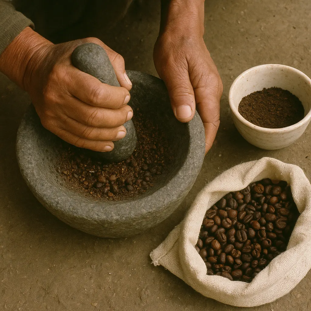 Preparation of buna for ceremonial serving, showing mortar, pestle, and roasted berries. Southern Ethiopian highlands, late twentieth century.