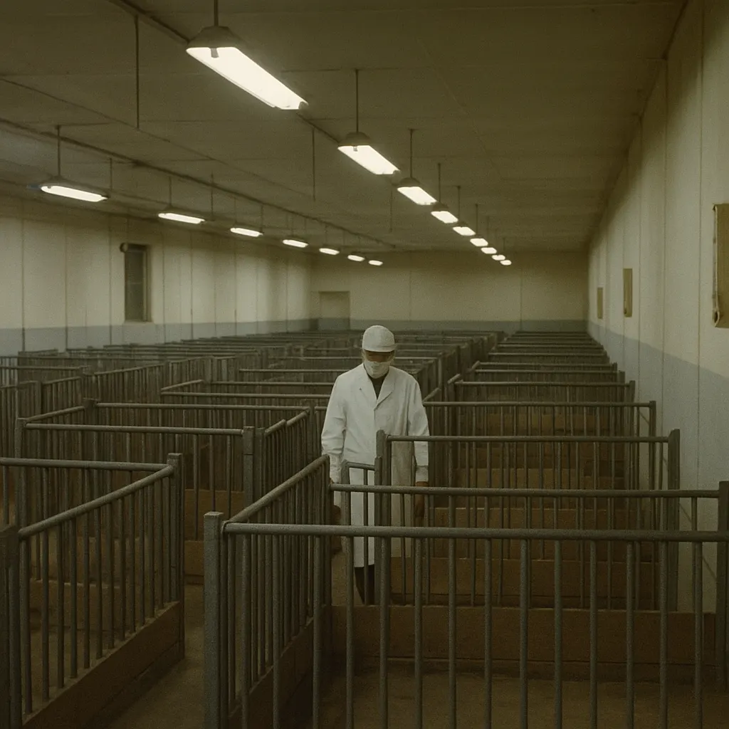 Interior of a serum farm facility, Southeast Asia, mid-1960s. Hyperimmunized animal herds provided antibodies for passive immunotherapy across the region.