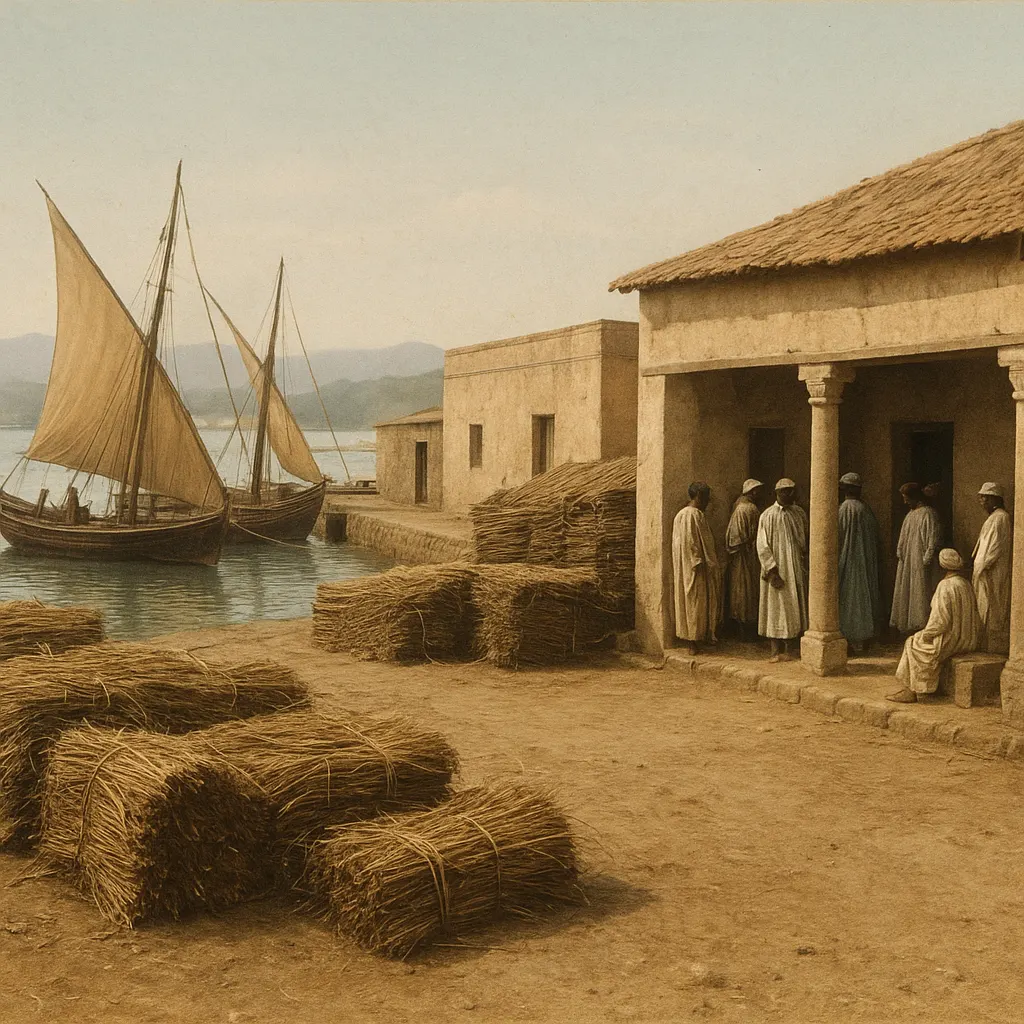 A trading port on the Somali coast with merchant vessels and caravan goods, late nineteenth century. Dried stimulants were the primary export commodity.