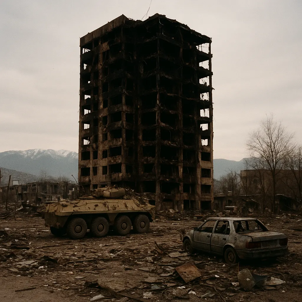A destroyed apartment block in a mountainous city, blackened by shelling, windows empty.