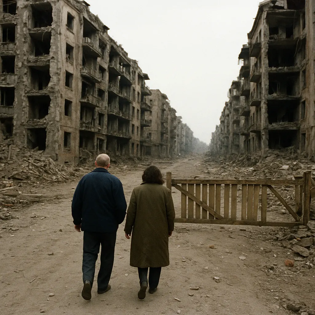 Rebuilt residential quarter in a contested city, showing incomplete reconstruction from the 1992–1994 war.