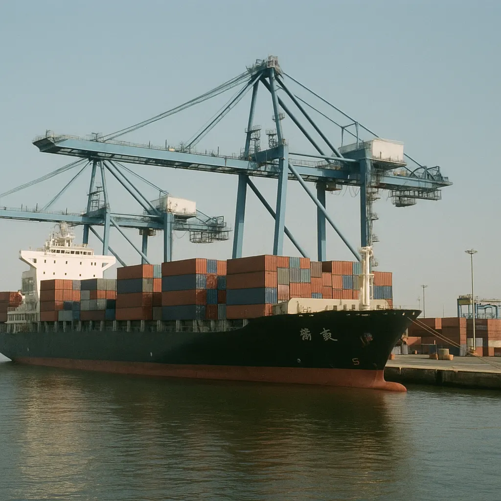 A container vessel at a major Southeast Asian port during the 2000s, showing the infrastructure of Chinese-financed trade expansion.