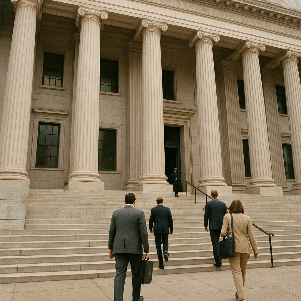 Federal prosecution office headquarters, Manhattan, exterior view during prosecutorial activity period, 2025.