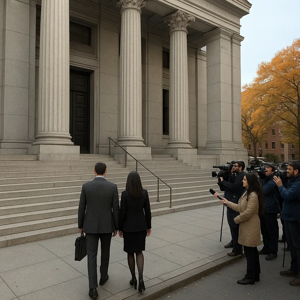 Federal courthouse entrance during trial proceedings, 2025. Photographer unknown.