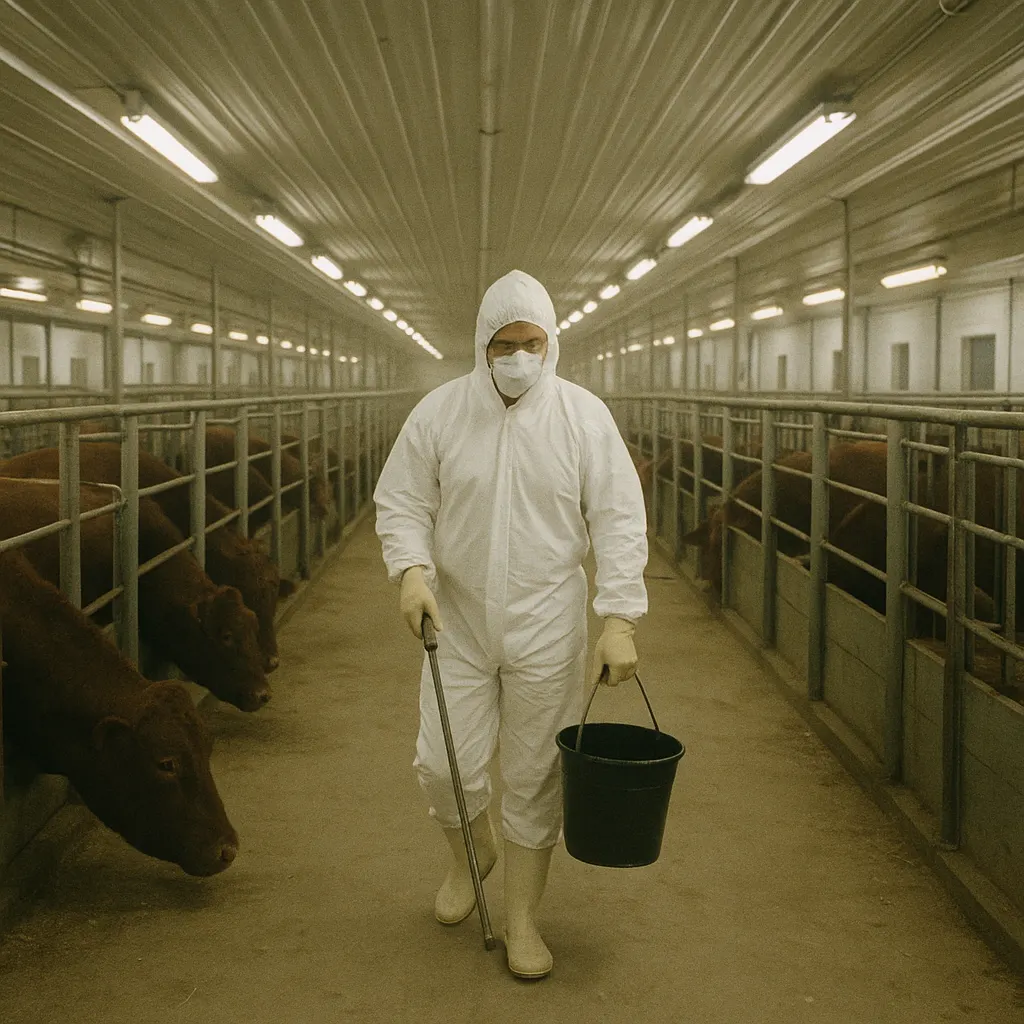Interior of a European serum farm, showing livestock housing and immunization protocol, approximately 1989.