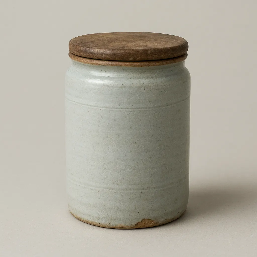 Storage jar for spices, glazed ceramic with fitted wooden cover, eighteenth-century European ware.