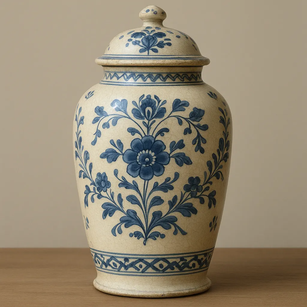 A ceramic storage jar for spices, painted and glazed, Dutch, seventeenth century. The blue decoration and form are typical of containers that held clove, pepper, and other imported goods in European merchant houses.