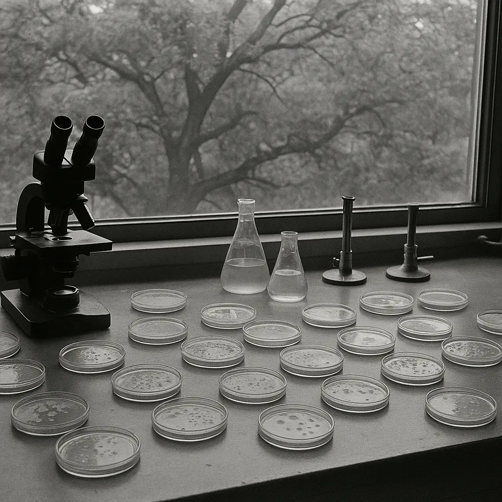 A microbiology laboratory workspace, circa 1963, with equipment for bacterial culture and genetic study.