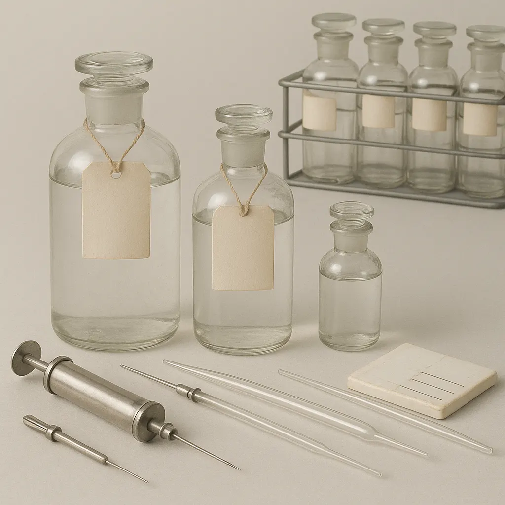 Serum production equipment and labelled antiserum bottles, institutional facility, mid-20th century.