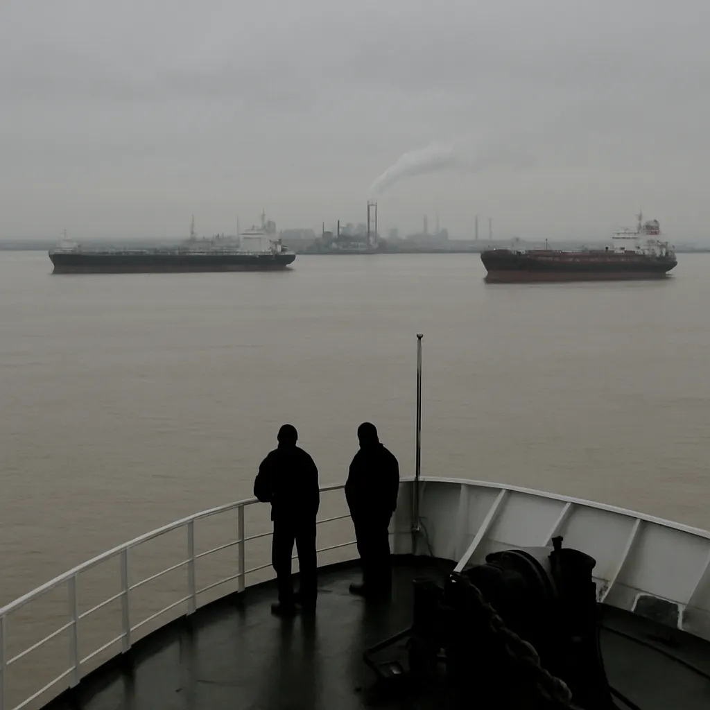 A tanker anchorage in a shallow strait, with petrochemical export terminal visible on the far shore, circa 2009.