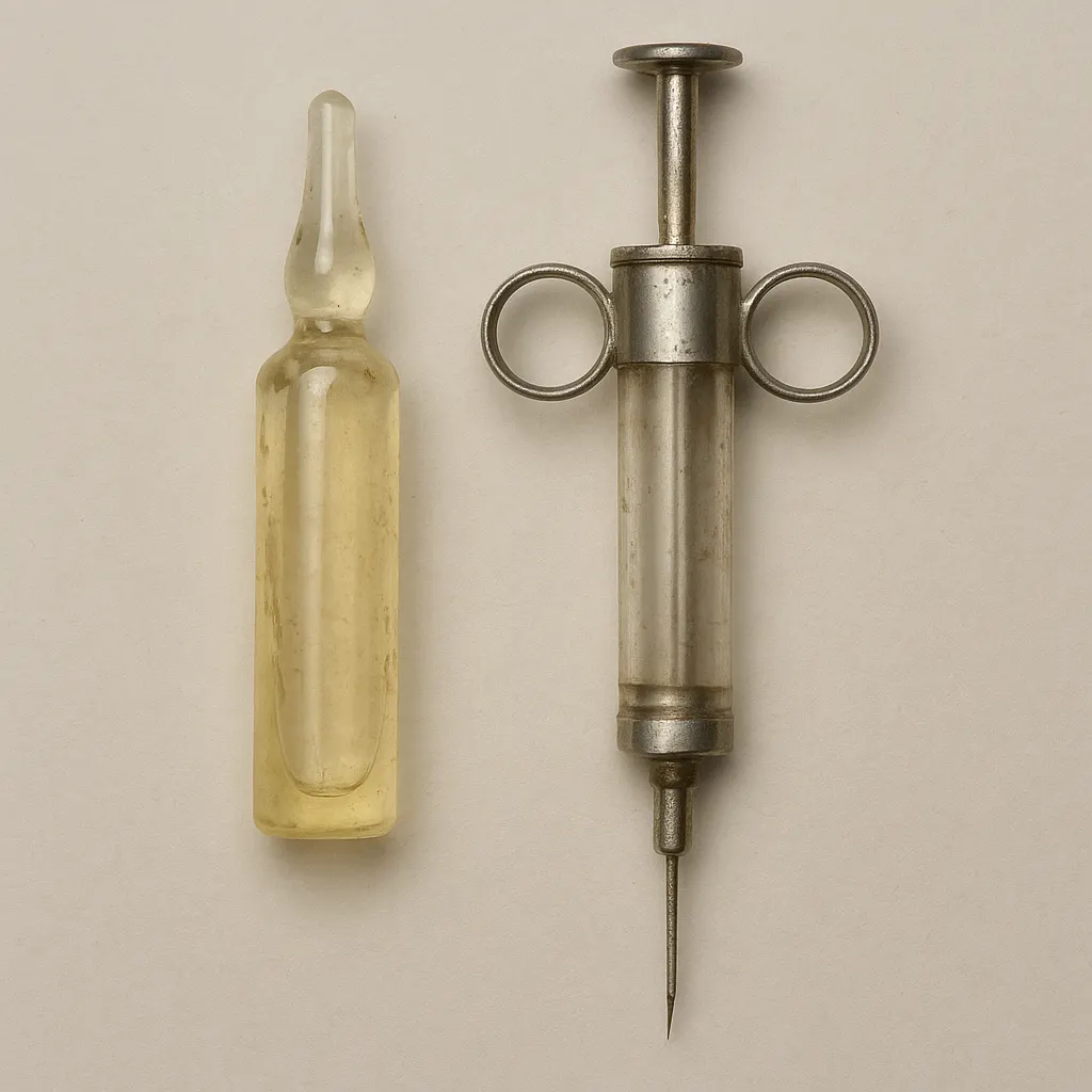 Streptococcal erythrogenic toxin antitoxin in pharmaceutical-grade glass ampoule, ready for clinical administration, mid-twentieth century.