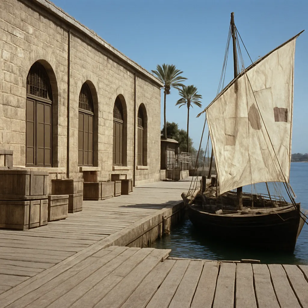Waterfront storage warehouse and merchant vessel, Red Sea port, circa 1950.