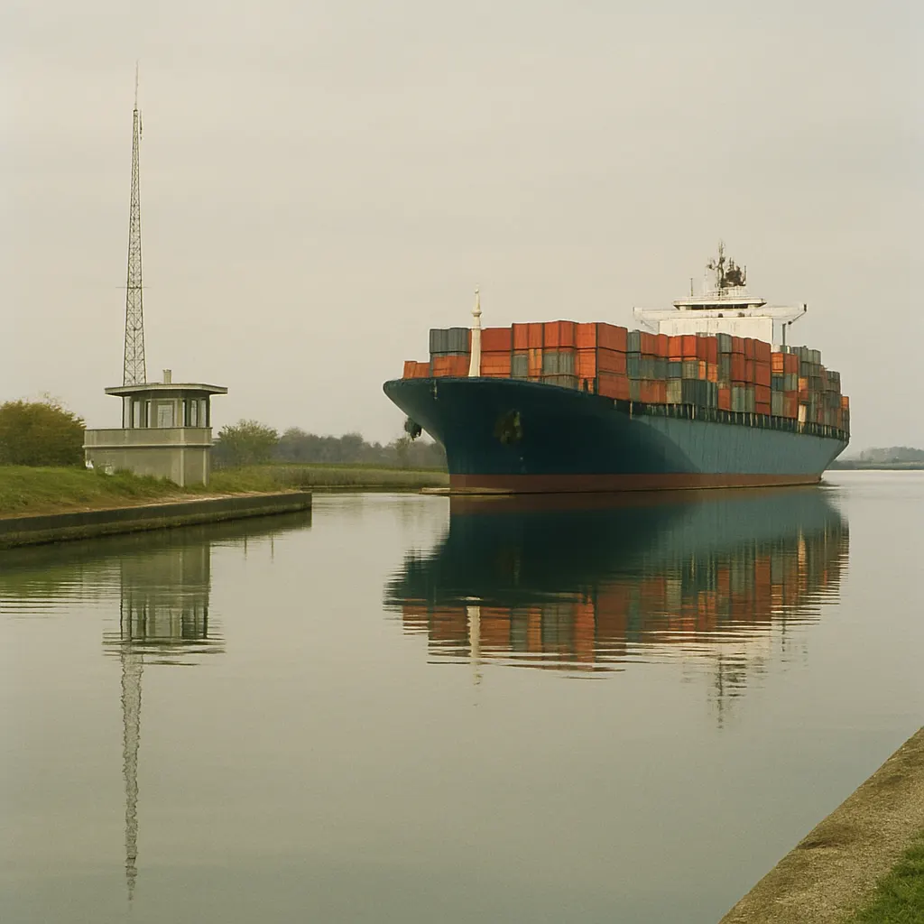 Container ship transiting the canal at midpoint, 1974. Colour transparency, photograph.